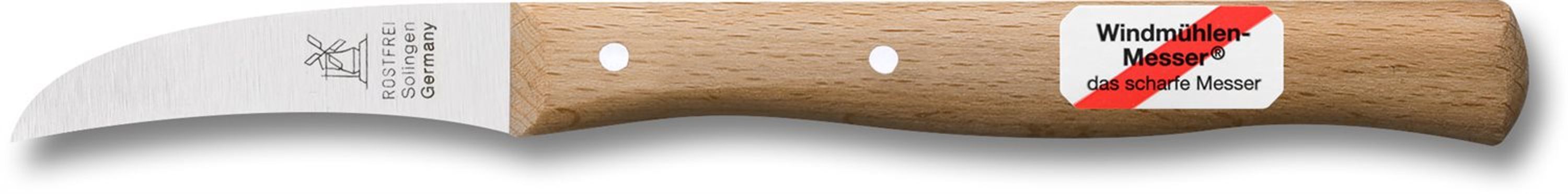 Windmühlenmesser Vogelschnabel Schälmesser, gebogene Klinge, mit Griff oval, rostfrei Rotbuche